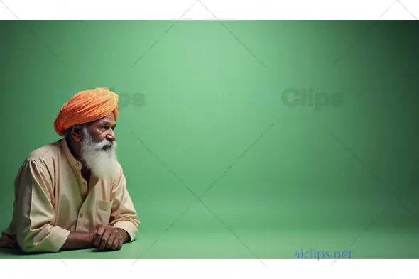 Elderly Indian Man in Traditional Turban on Green Background