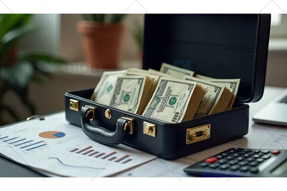 Business Finance Briefcase with Cash Stacks and Analytics Reports