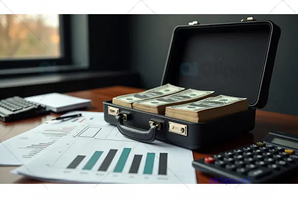 Business Finance Briefcase with Cash and Analytics