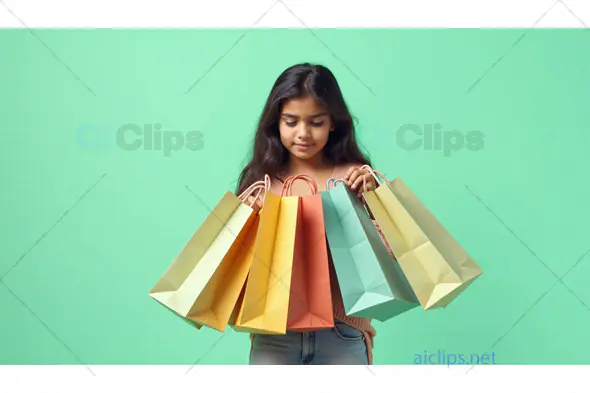 Young Girl with Colorful Shopping Bags on Green Background