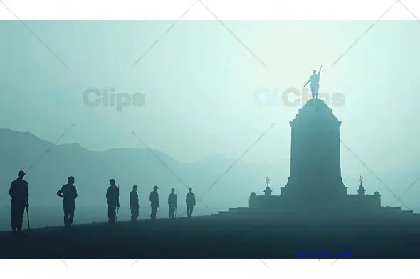 Soldiers Paying Tribute at Monument in Misty Morning