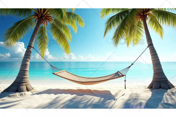 Relaxing Hammock on Tropical Beach Between Palm Trees