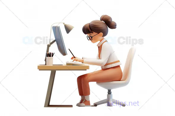 3D Woman Working on Computer at Desk