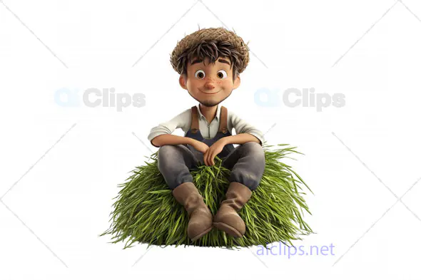 3D Smiling Young Farmer Sitting on Grass