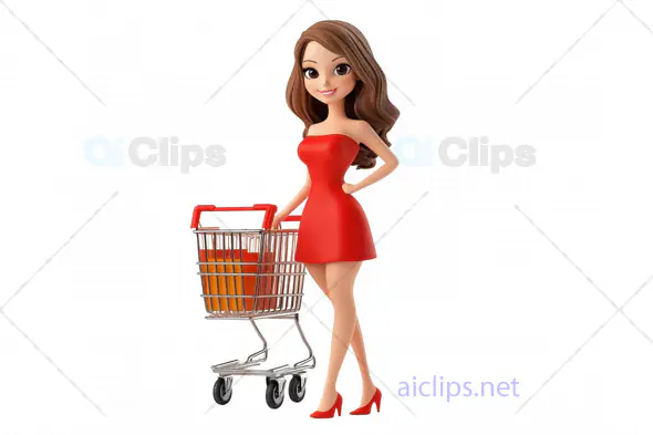 3D Woman Avatar in Red Dress with Shopping Cart