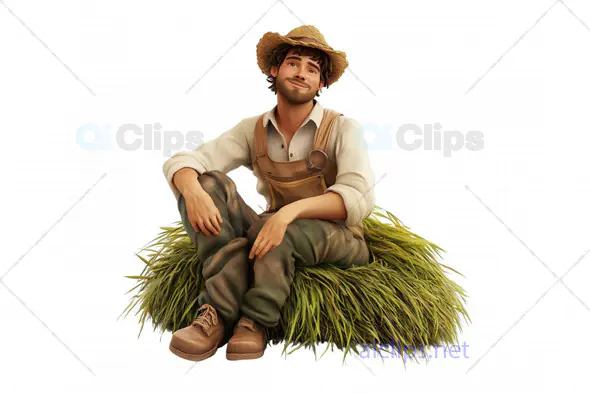 3D Relaxed Farmer Sitting on Grass