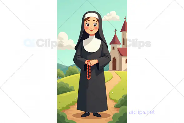 Cartoon Nun Holding Rosary in Peaceful Church Setting