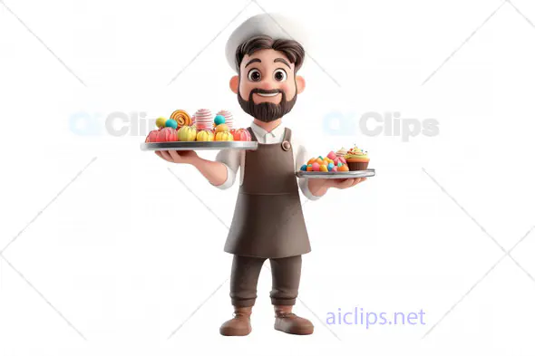 3D Pastry Chef Avatar Holding Dessert Platters