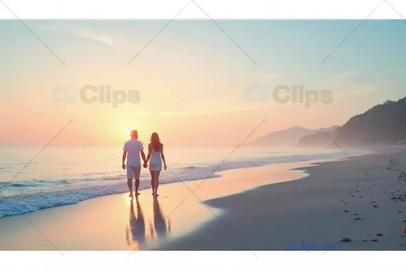 Romantic Couple Walking at Sunset on Beach