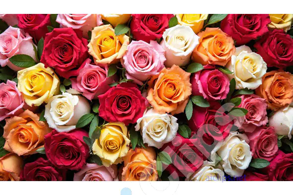 Colorful Rose Bouquet Background with Lush Green Leaves