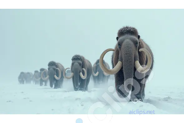 Majestic Woolly Mammoths Marching Through Snowy Tundra