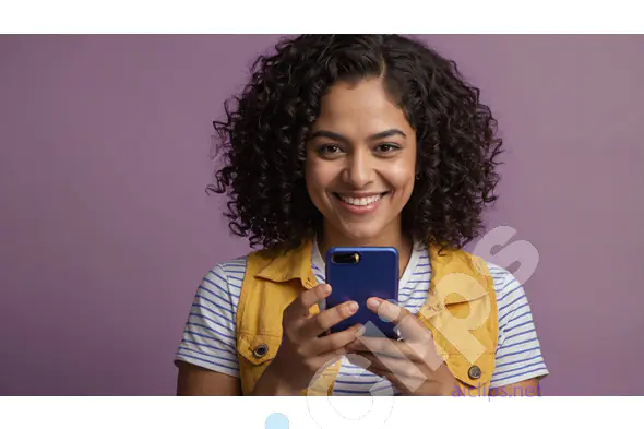 Smiling Woman Using Smartphone Against Purple Background