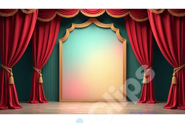 Theater Stage with Golden Frame and Red Velvet Curtains