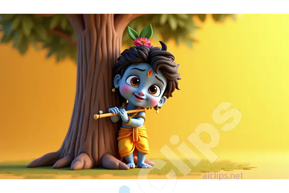 Adorable Krishna Playing Flute by Tree on Yellow Background