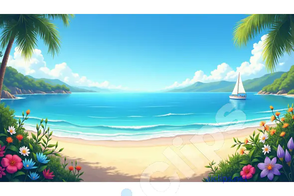 Idyllic Tropical Beach with Sailboat and Lush Foliage