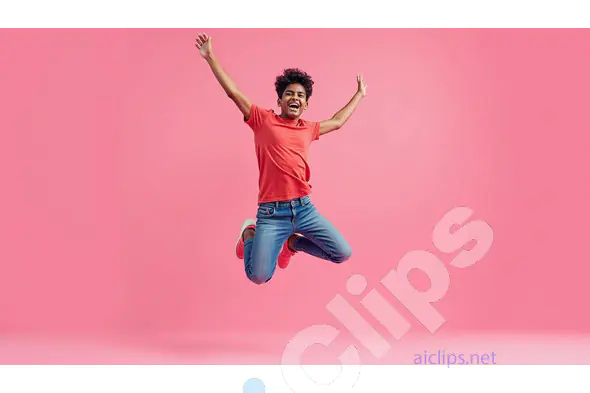 Joyful Young Boy Jumping Against Pink Background