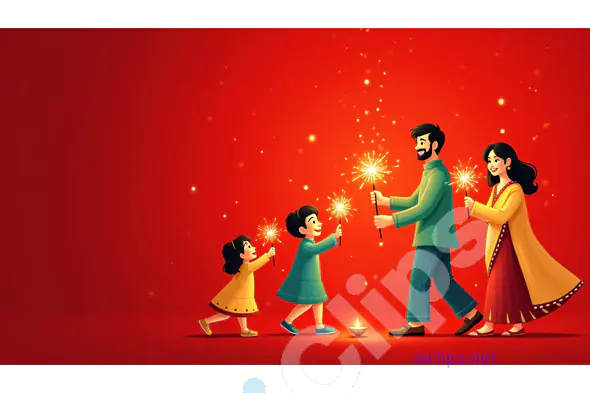 Cartoon Family Celebrating Diwali with Sparklers and Diya Lamp