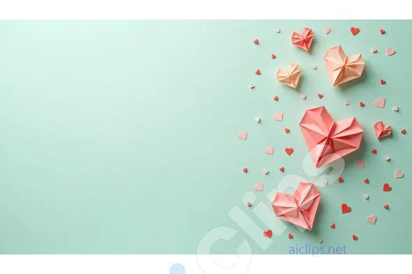 Origami Hearts and Confetti on Mint Green Background - Love and Celebration