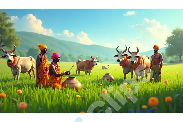 Traditional Indian Farmers with Decorated Cattle in Harvest Celebration