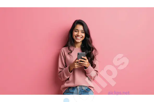 Happy Young Woman with Smartphone - Pink Casual Portrait