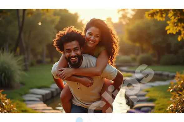 Joyful Couple Enjoying a Piggyback Ride in a Sunlit Park