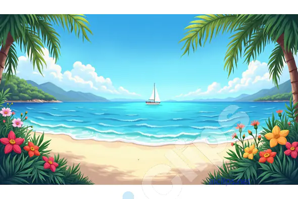 Tropical Beach with Sailboat and Palm Trees