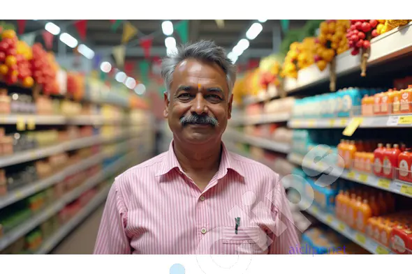 Portrait of a Happy Man in a Vibrant Supermarket Aisle