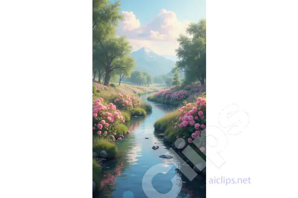 Serene Spring River with Blooming Flowers and Mountain View