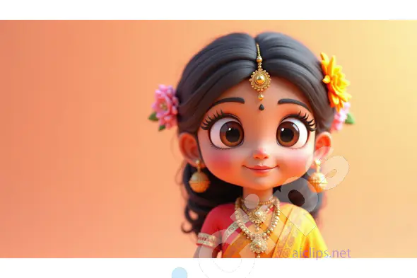 Adorable Cartoon Indian Girl in Traditional Attire