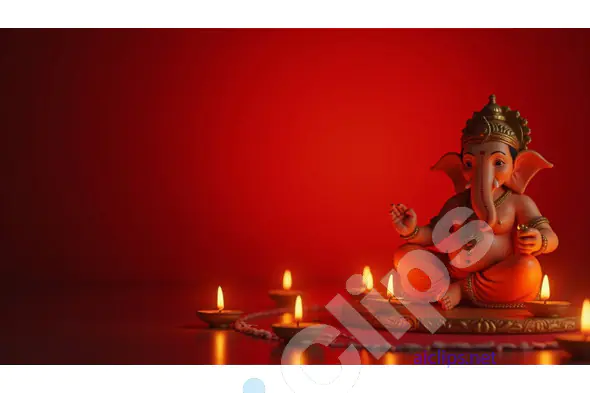 Ganesh Idol with Diya Lamps on Red Background