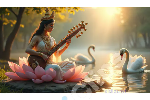 Goddess Saraswati Playing Veena on Lotus with Swans