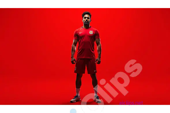 Determined Athlete in Full Red Sports Kit on Bold Red Background