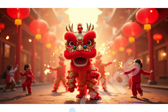 Vibrant Lion Dance Performance at Chinese New Year Festival