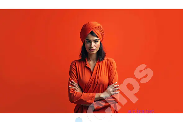 Confident Woman in Orange Turban with Arms Crossed on Vibrant Background