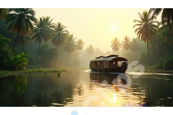 Golden Sunrise Over Kerala Backwaters with Houseboat