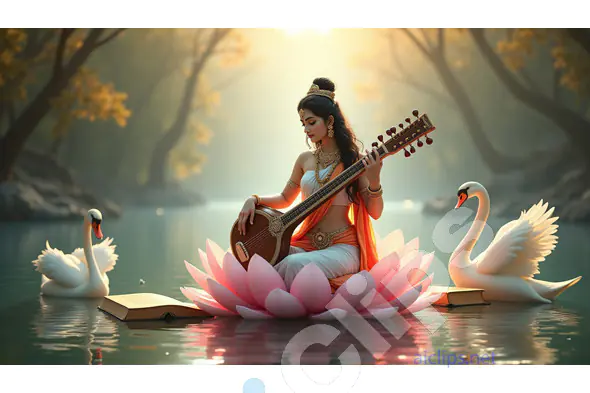 Goddess Saraswati with Veena on Lotus, Surrounded by Swans