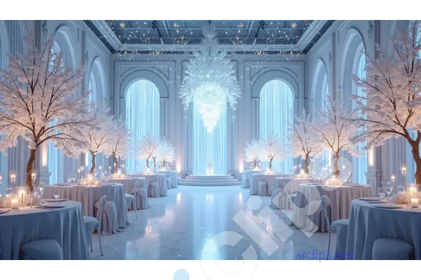 Elegant Winter Ballroom with Frosted Trees and Crystal Chandeliers