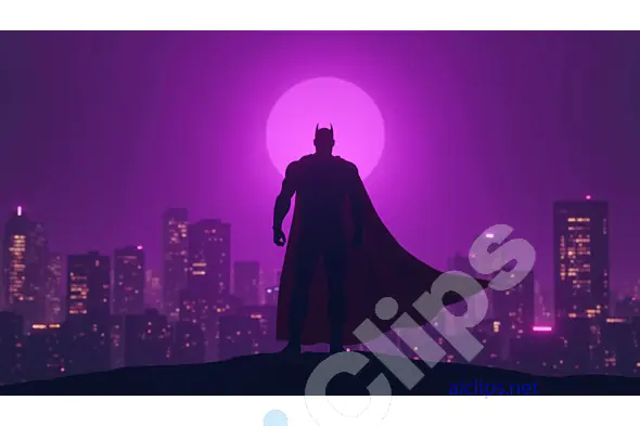 Superhero Silhouette Against Purple City Skyline