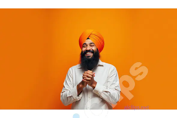 Happy Sikh Man with Traditional Turban on Orange Background