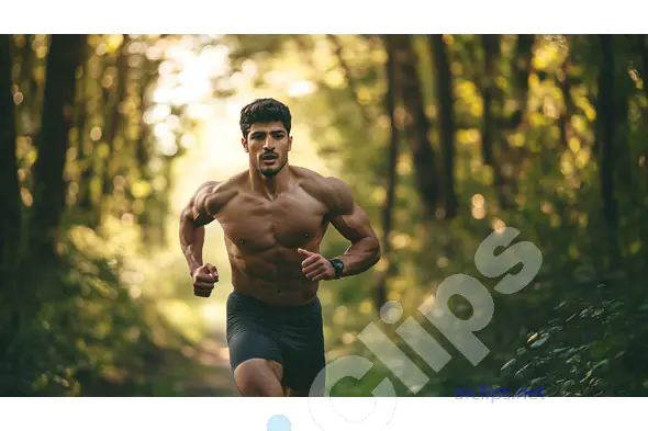 Athletic Man Running Through Forest Trail