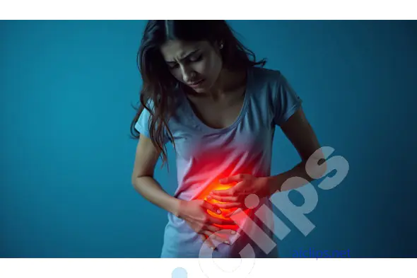 Woman Experiencing Stomach Pain with Highlighted Area