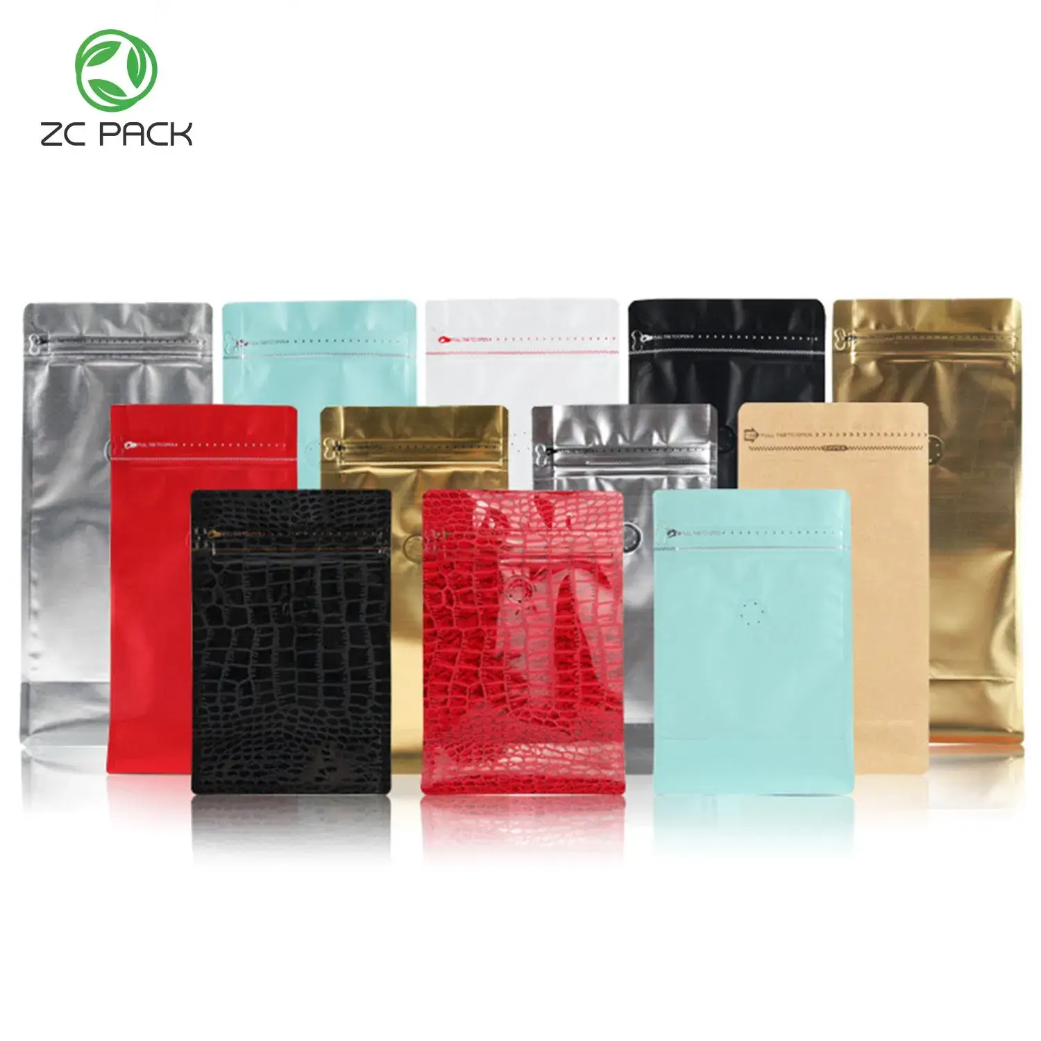 Bao bì túi đứng đáy phẳng nhựa Mylar cao cấp có khóa zip tùy chỉnh và logo riêng, bên trong là lớp nhôm, sử dụng để đóng gói thực phẩm, trà, hạt, cà phê