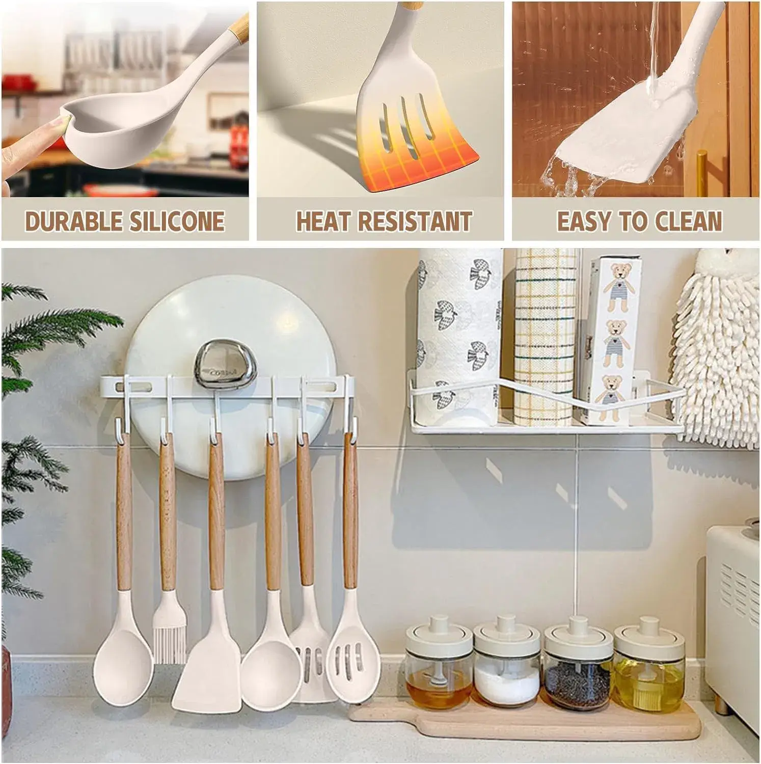 Bộ Dụng Cụ Nhà Bếp Silicone, Sản Phẩm Gỗ Thiên Nhiên, An Toàn Cho Môi Trường