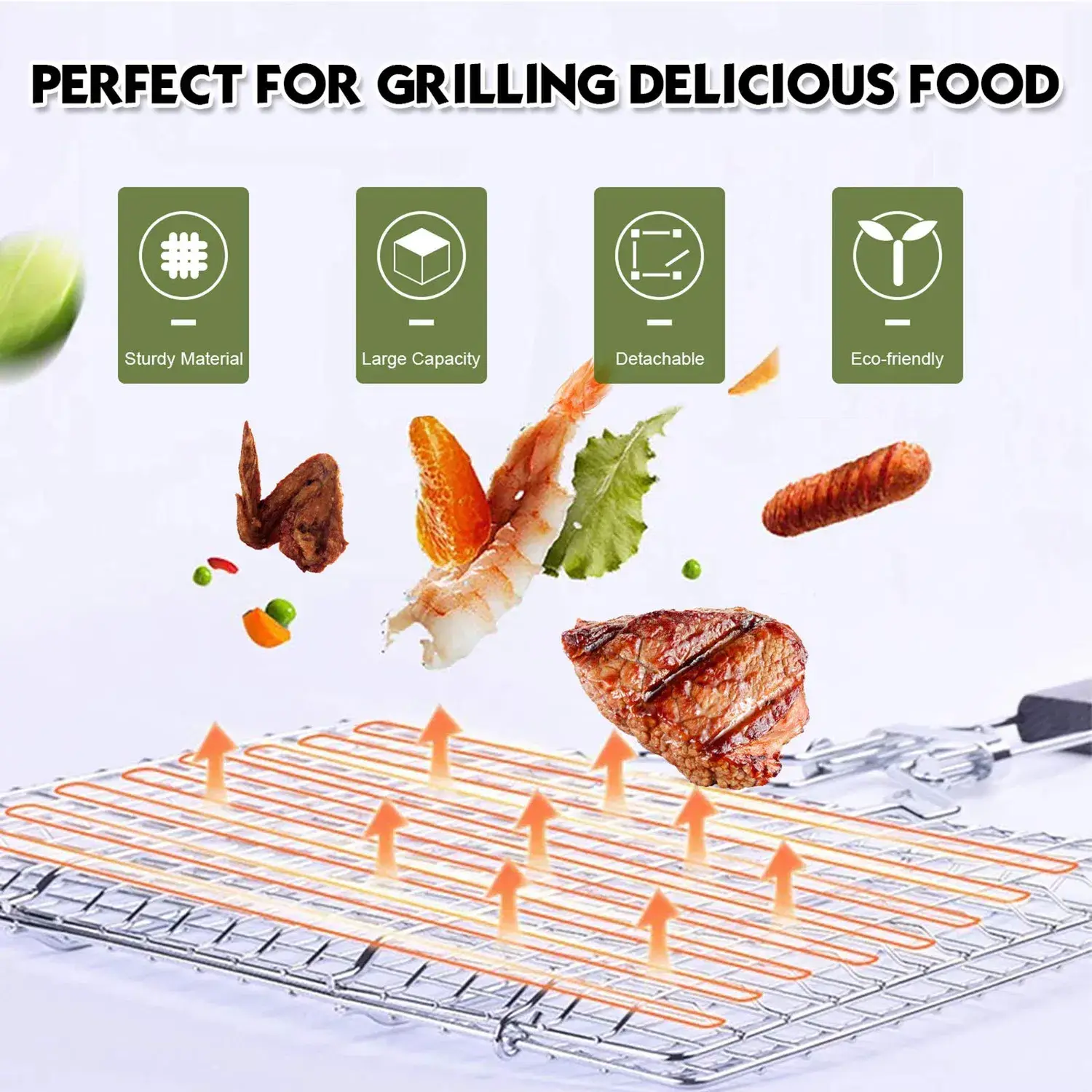 Giỏ nướng cá di động bằng chất liệu không gỉ với tay cầm rời tiện lợi cho bữa tiệc nướng