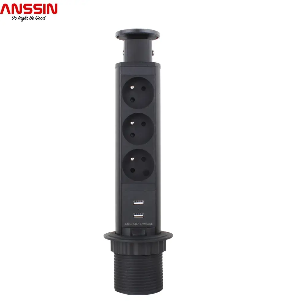 Bảng điện Escamotable 3 Ổ cắm và 2 Cổng USB màu Đen có đường kính 60 mm