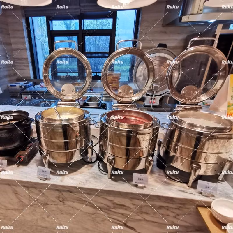 Bàn buffet chứa thực phẩm và đồ uống, bao gồm nồi súp, khay giữ nóng, sử dụng cả nhiên liệu và điện, làm từ thép không gỉ, với nắp màu bạc, là lựa chọn lý tưởng cho đám cưới và các dịch vụ ăn uống hình ảnh 12-description