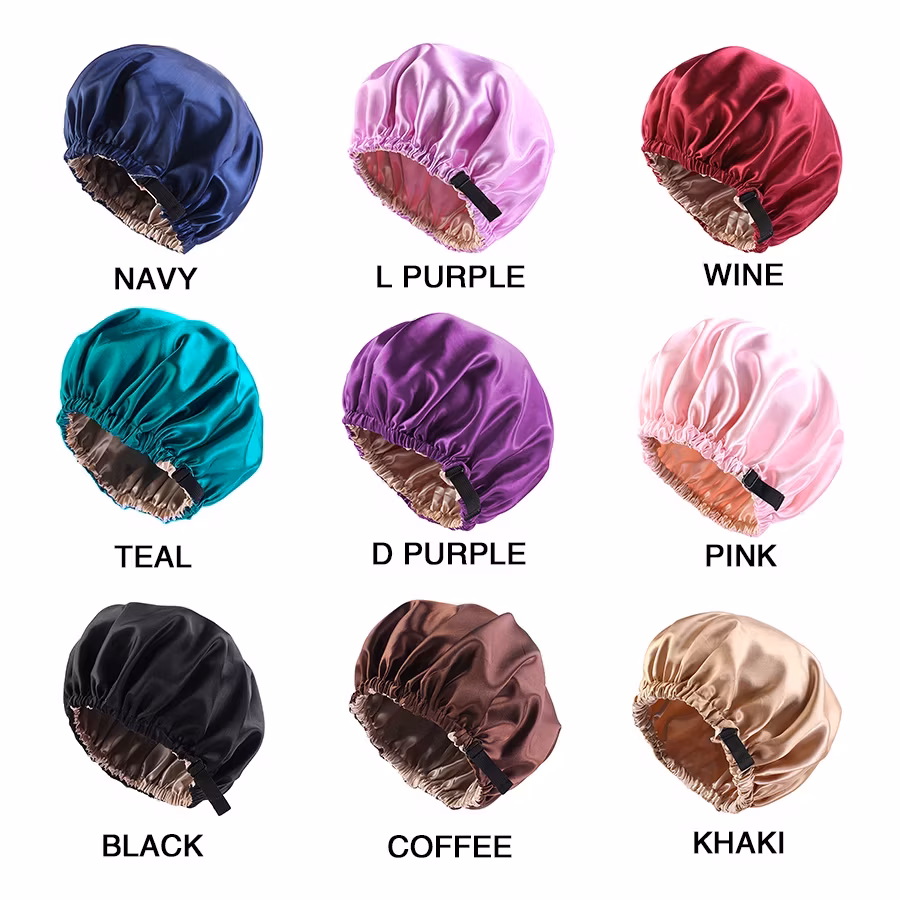 Mũ ngủ satin bán buôn hai lớp, dây đàn hồi điều chỉnh với logo tùy chỉnh - Sản phẩm chất lượng cao hình ảnh 12-description