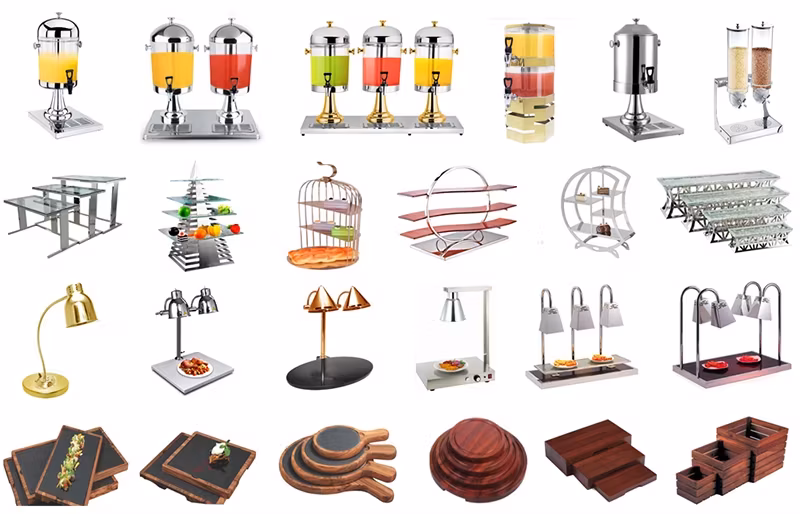 Bàn buffet chứa thực phẩm và đồ uống, bao gồm nồi súp, khay giữ nóng, sử dụng cả nhiên liệu và điện, làm từ thép không gỉ, với nắp màu bạc, là lựa chọn lý tưởng cho đám cưới và các dịch vụ ăn uống hình ảnh 14-description