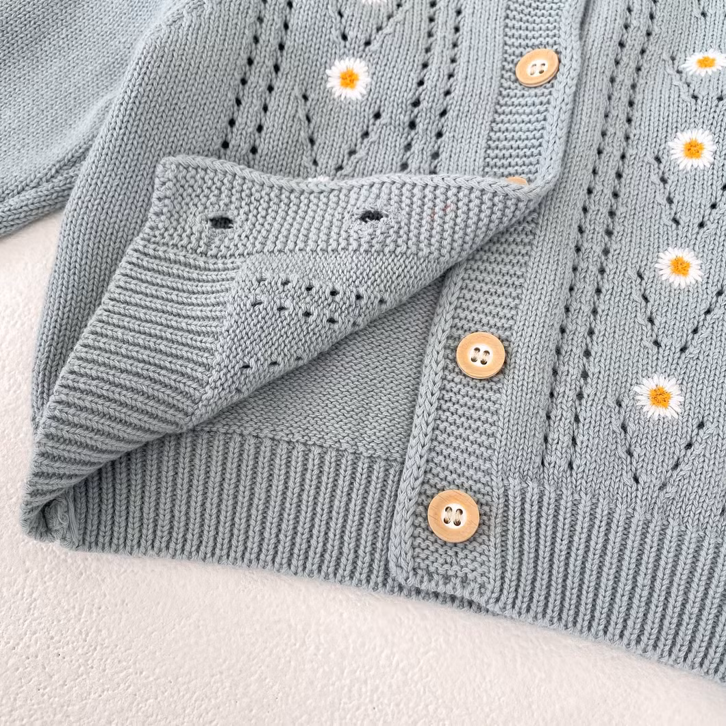 Trẻ sơ sinh: Áo len cotton màu xanh, quần áo thu đông và váy thêu hoa cúc rỗng cho bé gái hình ảnh 15-description
