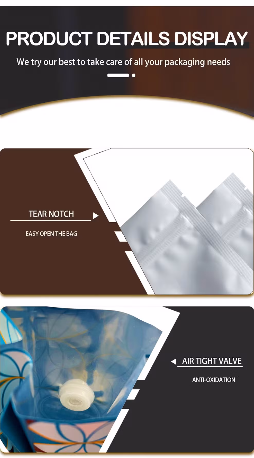 Bao bì túi đứng đáy phẳng nhựa Mylar cao cấp có khóa zip tùy chỉnh và logo riêng, bên trong là lớp nhôm, sử dụng để đóng gói thực phẩm, trà, hạt, cà phê hình ảnh 16-description